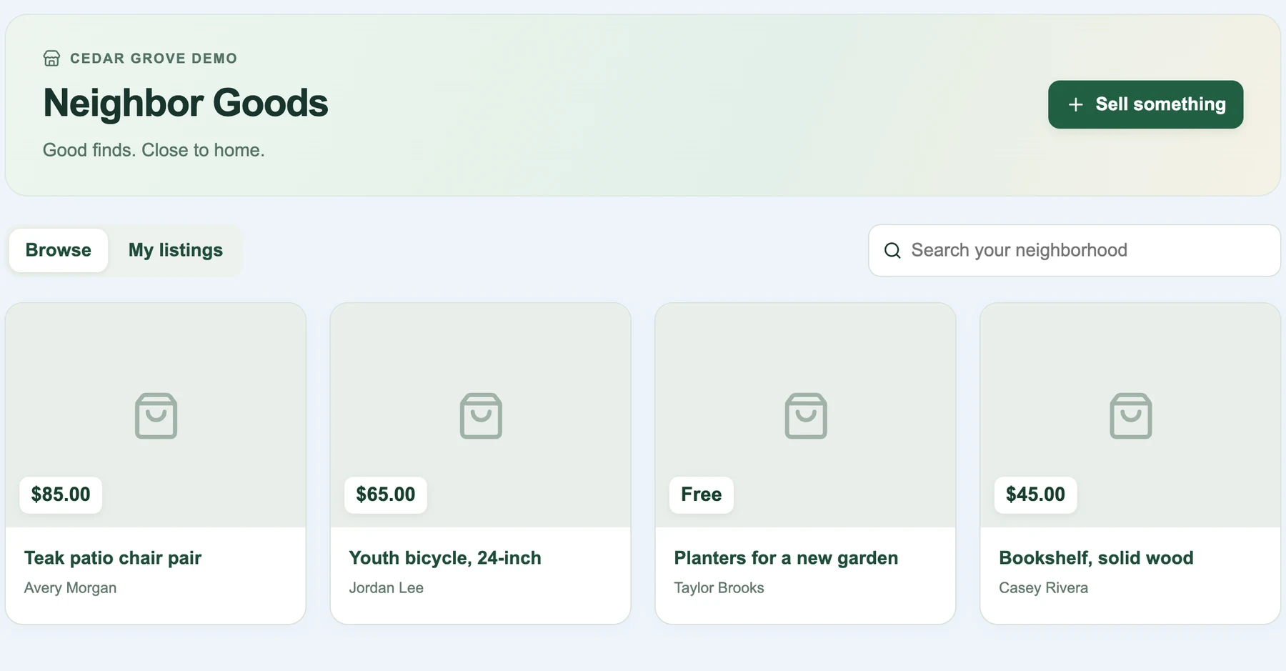 Actual Neighbor Goods component demonstration with fictional listings.