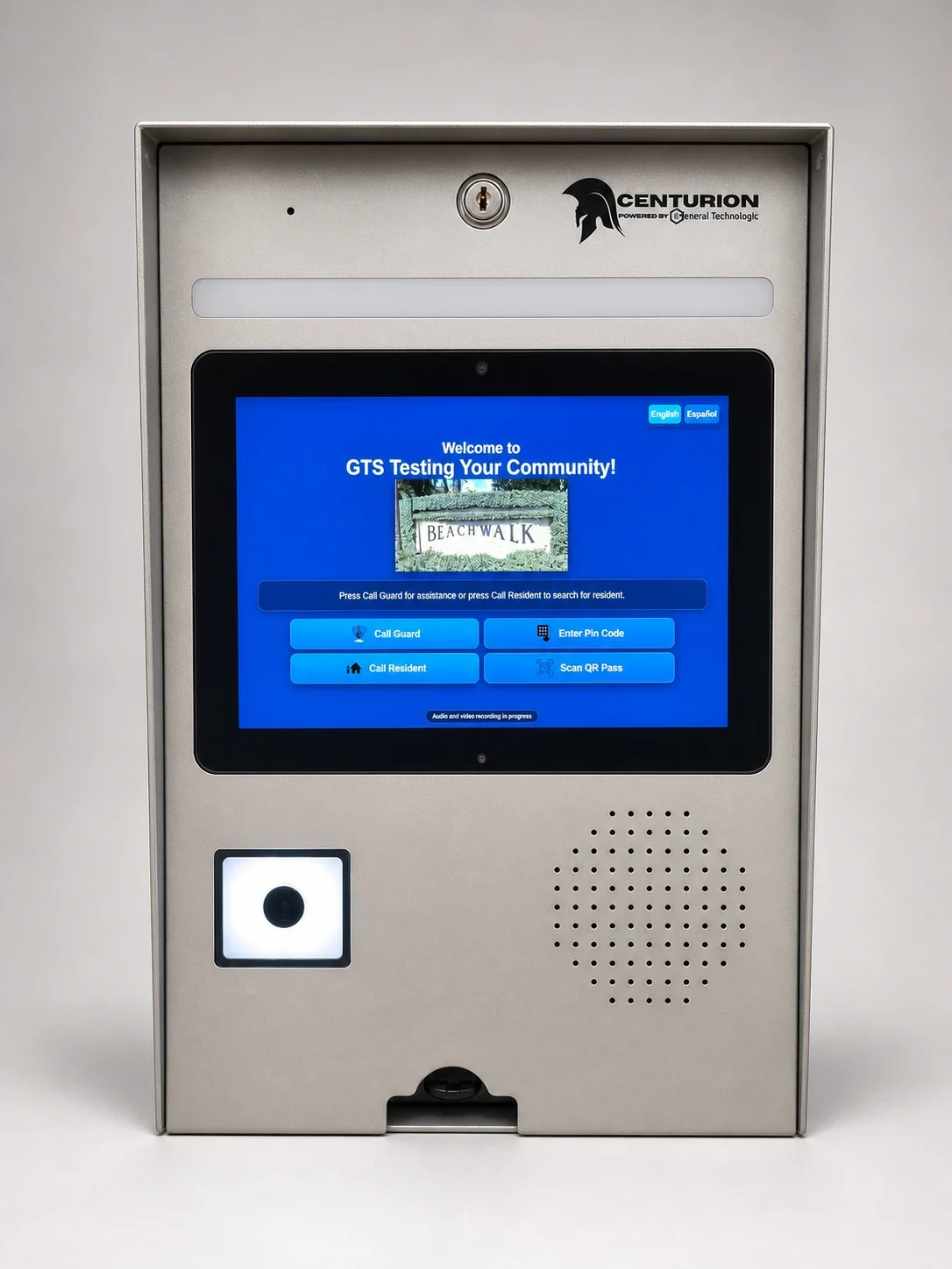 Centurion CT-2 kiosk studio product photograph with a sample community welcome screen.