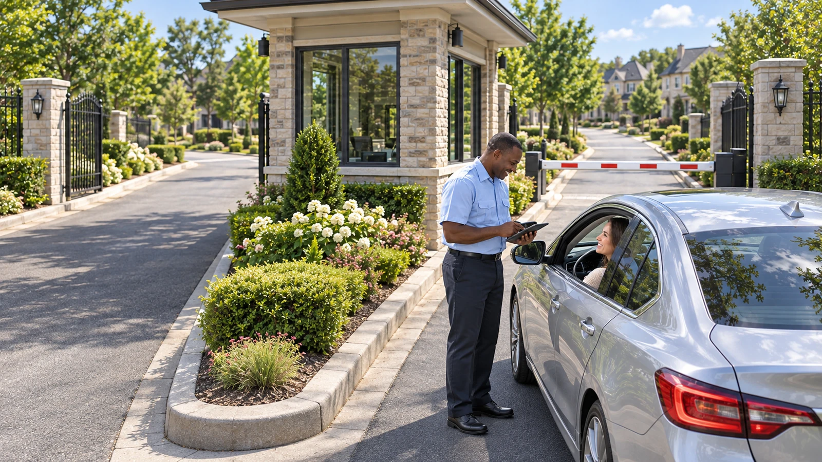 Security officer assisting a seated driver at a gated community entrance