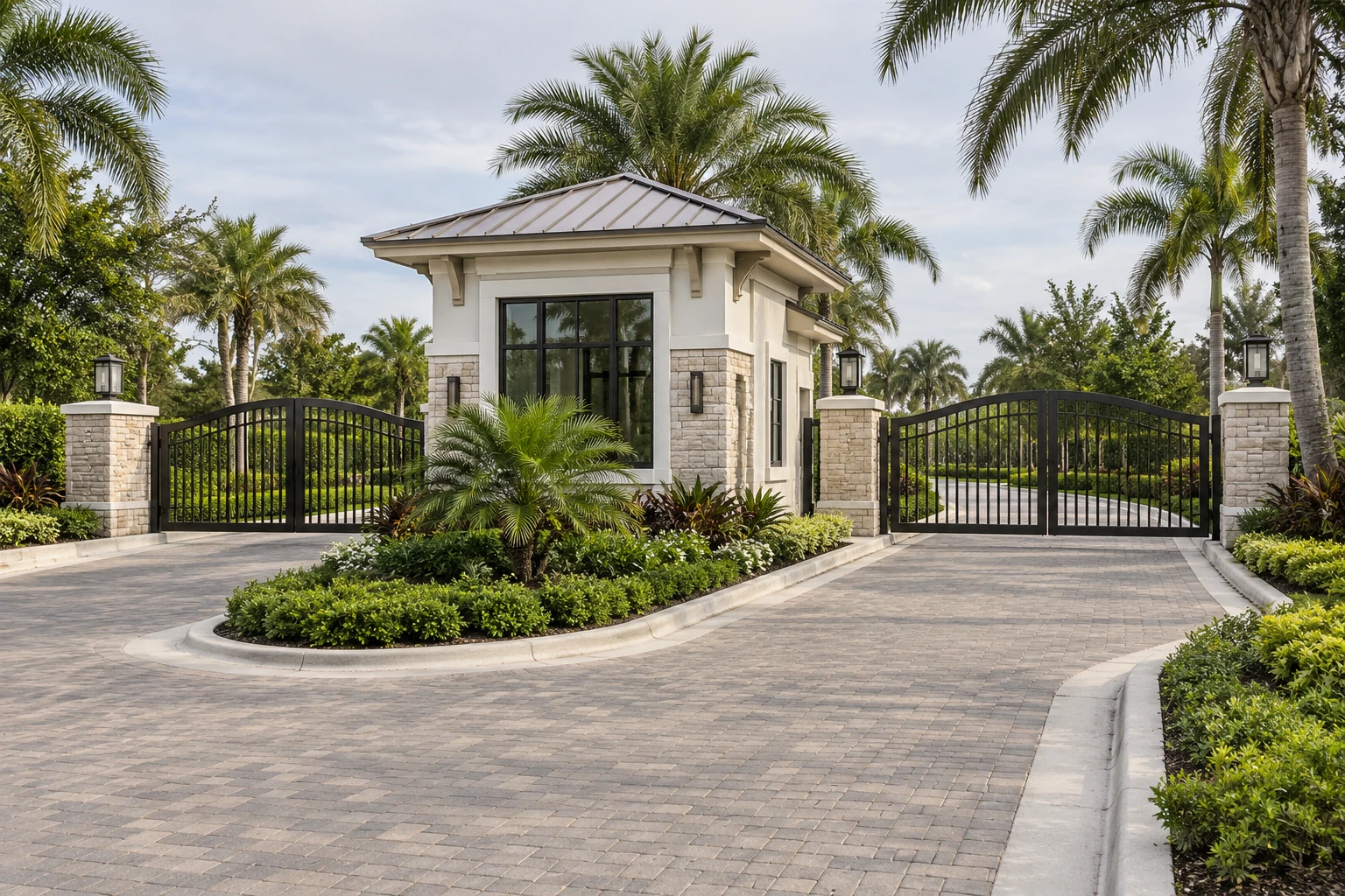 Illustrative modern community entrance with a white stone gatehouse, dark metal gates and Florida landscaping. Generated October 8, 2026.