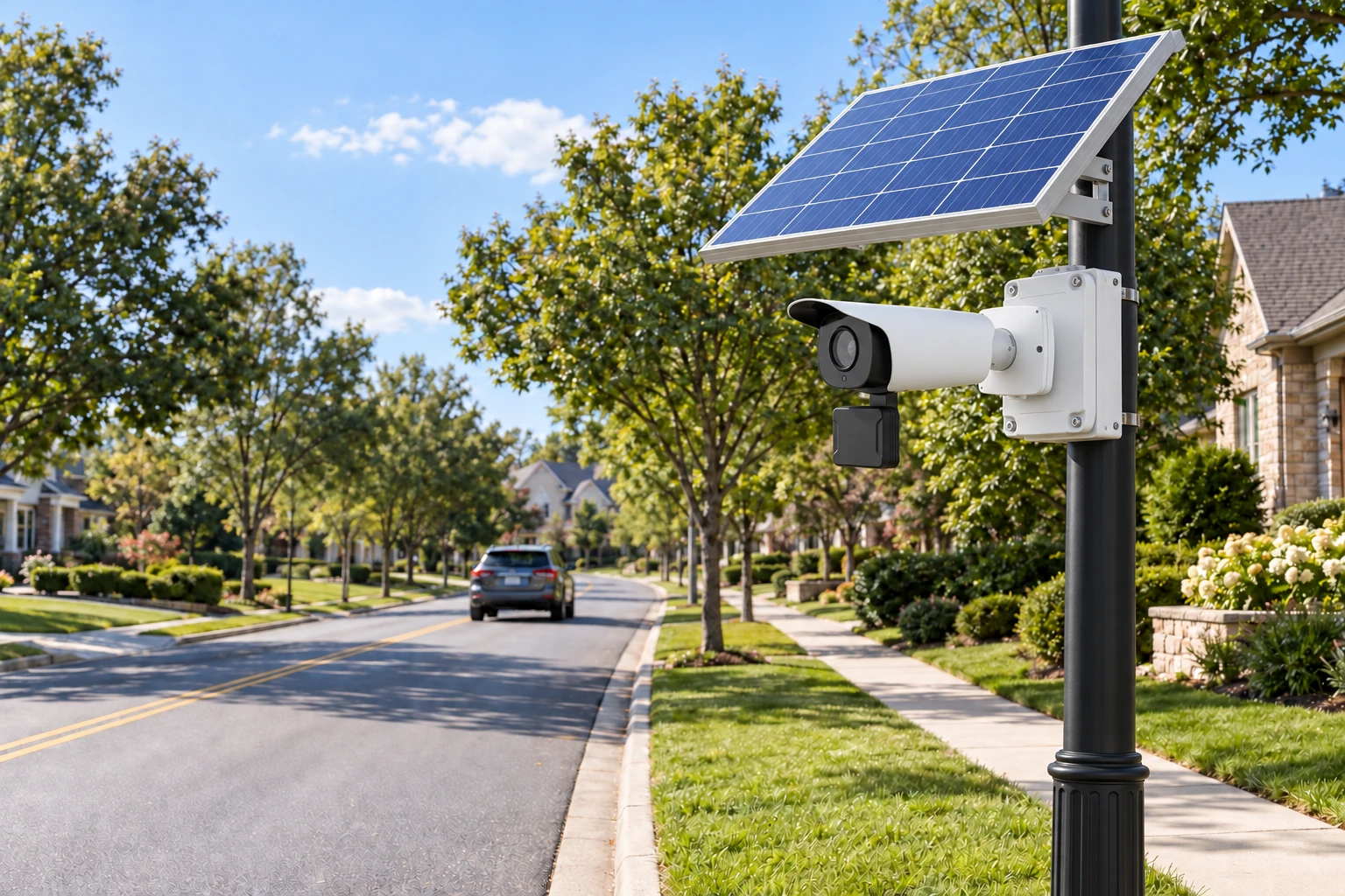 RoadWatch installation concept with a camera and solar panel beside a residential street. Generated illustration, not an installed customer site.
